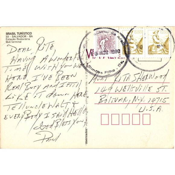 Brazil Salvador Bus Terminal Nighttime View Vintage Postcard Used 1988 Stamps - Picture 2 of 2